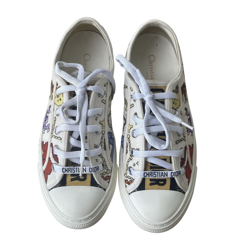 Christian Dior Embroidered Canvas Sneakers White Multicolor Made In Italy Womens